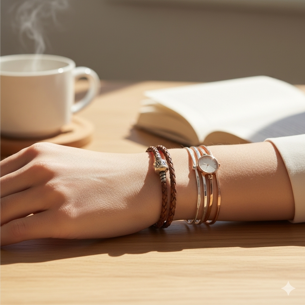 Pandora leather braided silver clasp double wrap Bracelet